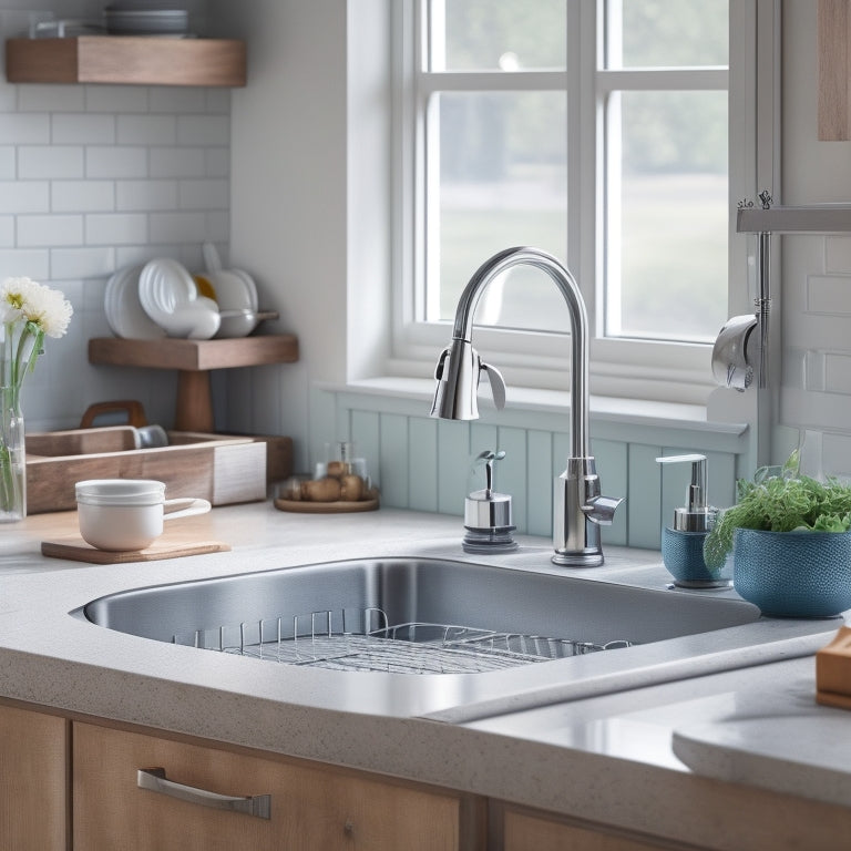 A clutter-free kitchen sink area with a stainless steel sink, a retractable soap dispenser, a chrome faucet, and a wooden utensil organizer with a built-in dish rack and sponge holder.