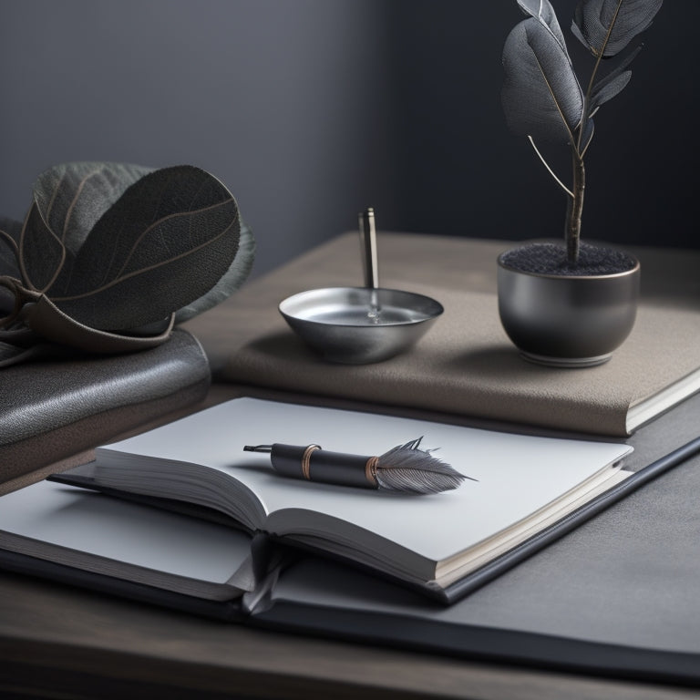 A serene, minimalist background with a few, carefully placed objects: a decluttered desk with a single, leather-bound journal, a small potted plant, and a delicate, silver paperweight in the shape of a feather.