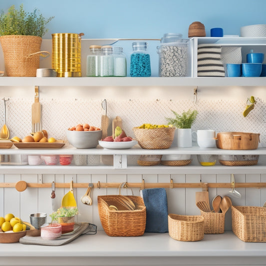 A bright, airy kitchen with a mix of natural and warm lighting, featuring a pegboard with colorful baskets, labeled jars on open shelving, and a utensil organizer on the countertop.