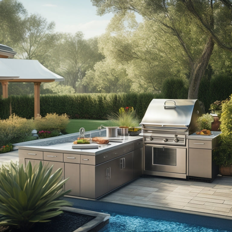 A sleek, modern outdoor kitchen module with a large grill, stainless steel countertops, and a curved bar overlooking a serene, sunlit backyard with lush greenery and a sparkling pool.