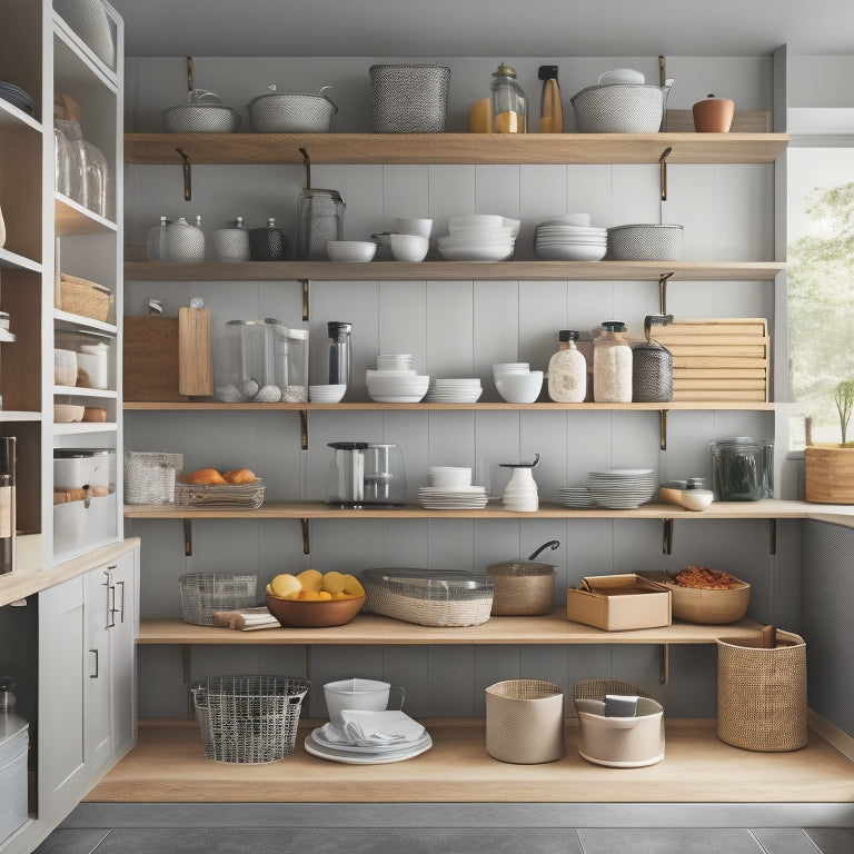 A tidy, modern kitchen cabinet with adjustable shelves, baskets, and bins in various sizes, filled with neatly arranged kitchen utensils, dinnerware, and cookbooks, with a soft, warm light.