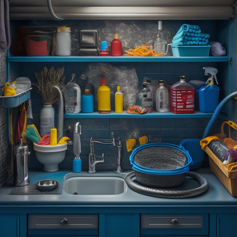 A cluttered utility sink area with tangled hoses, scattered cleaning supplies, and a messy countertop, contrasted with a organized version featuring a sleek shelving unit, coiled hoses, and neatly arranged products.