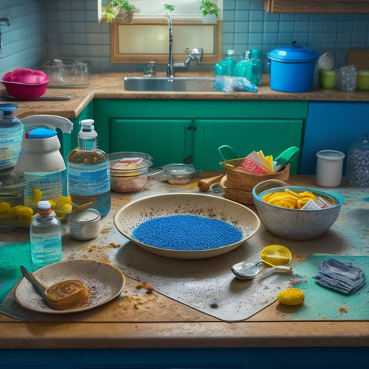 A messy kitchen sink with soap suds, food particles, and water spots, surrounded by tangled dishrags, utensils, and dirty dishes, with a small, sleek tray in the corner, awaiting organization.