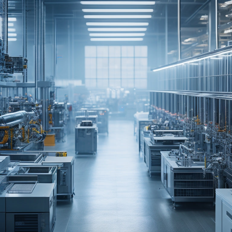 An image featuring a futuristic American factory with sleek, silver machinery humming in the background, surrounded by towering shelves stocked with precision-crafted parts and innovative robots collaborating with humans.