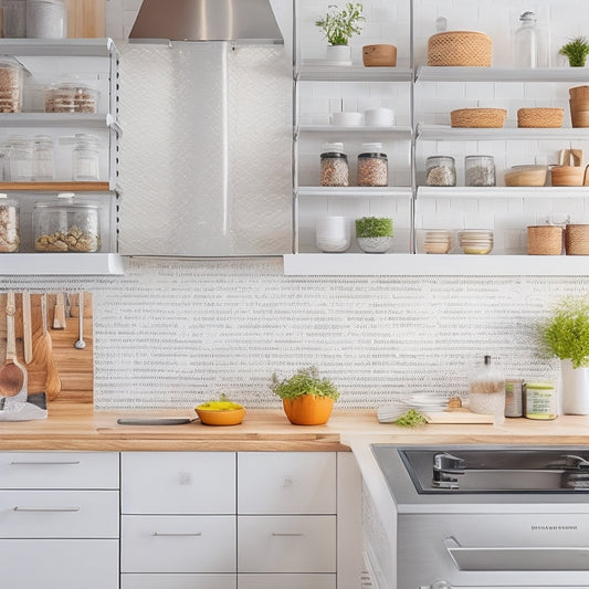 A bright, modern kitchen with white walls, wooden cabinets, and stainless steel appliances, showcasing various DIY storage solutions such as hanging utensil holders, magnetic spice strips, and a pegboard.