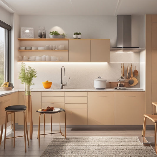 A clutter-free, L-shaped kitchen with a retractable drying rack, a pull-out spice rack, and a compact, wall-mounted foldable table, surrounded by sleek, minimalist cabinetry and appliances.