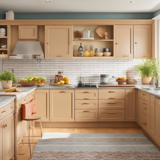 A bright, modern kitchen with sleek cabinets, a large island, and a neutral color scheme, featuring a pull-out spice rack, a utensil organizer, and a wall-mounted pot lid holder.