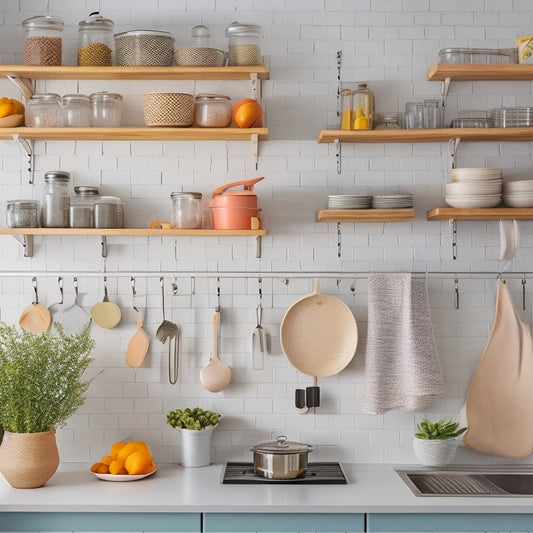 A bright, modern kitchen with a small footprint, featuring a pegboard with hanging utensils, a tiered spice rack, a slide-out trash can, and a wall-mounted pot rack with cookbooks stacked below.