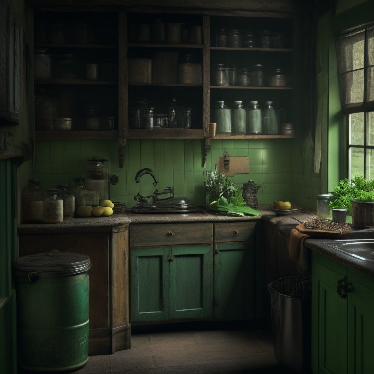 A dimly lit kitchen with a single cabinet door ajar, revealing a cluttered interior with expired cans, dusty jars, and mysterious shadows, surrounded by faint cobwebs and a hint of eerie green glow.