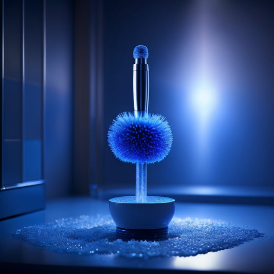 A futuristic toilet brush with glowing blue bristles, surrounded by swirling water droplets and soap suds, set against a sleek, silver background with subtle, gradient lighting.