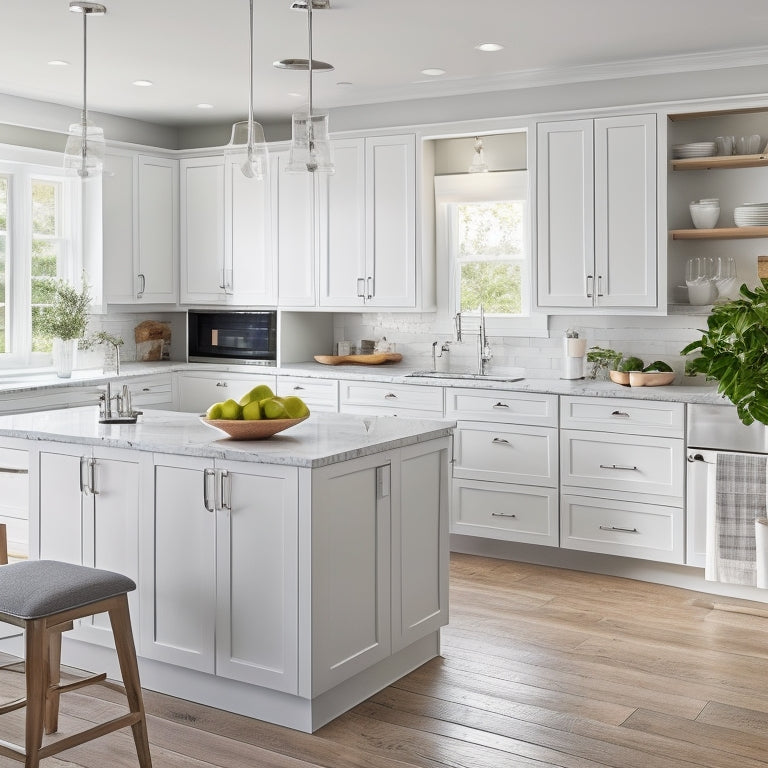 A bright, modern kitchen with sleek white cabinets, polished chrome fixtures, and ample natural light, featuring a mix of open shelving, pull-out drawers, and a large island with built-in storage.