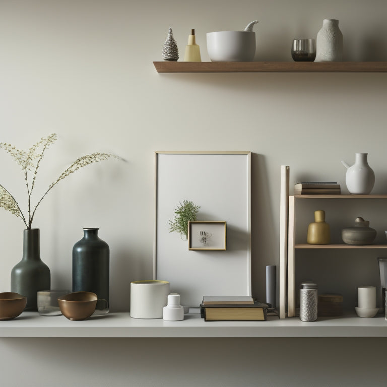 A serene, minimalist background with a few carefully arranged, sorted items (books, decorative objects, clothes) on a shelf or table, surrounded by empty space, conveying a sense of organized calm.