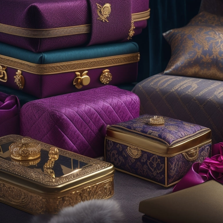 A beautifully styled, overhead shot of a collection of luxurious fabric boxes in various sizes and textures, adorned with ornate, golden handles and placed on a plush, velvet background.