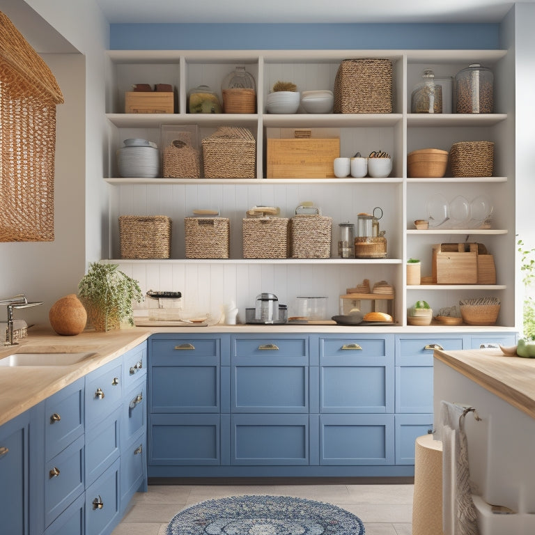 A brightly lit, modern kitchen with sleek countertops, featuring a mix of woven and fabric storage baskets with lids in various sizes, neatly arranged on shelves and in cabinets.