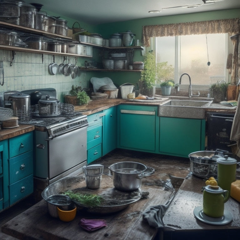 A messy kitchen with countertops cluttered with appliances, utensils, and expired food, surrounded by dirty dishes and overflowing trash cans, with a few dirty pots and pans hanging from the ceiling.