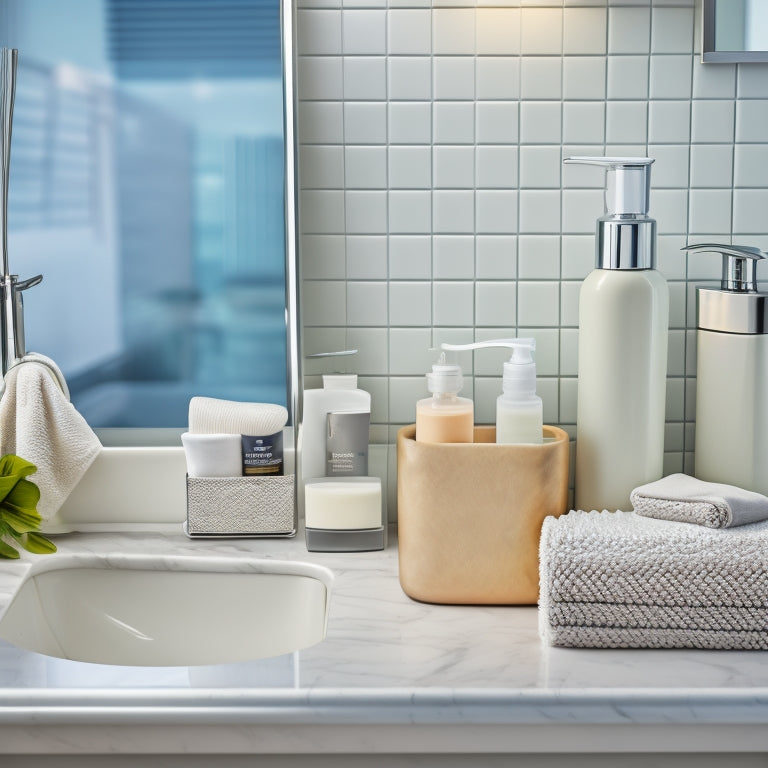 A tidy bathroom countertop with a few strategically placed organizers in white and chrome, holding toilet paper, towels, and skincare products, set against a soft gray background with subtle tile patterns.