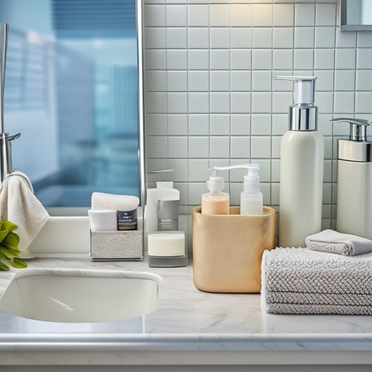 A tidy bathroom countertop with a few strategically placed organizers in white and chrome, holding toilet paper, towels, and skincare products, set against a soft gray background with subtle tile patterns.