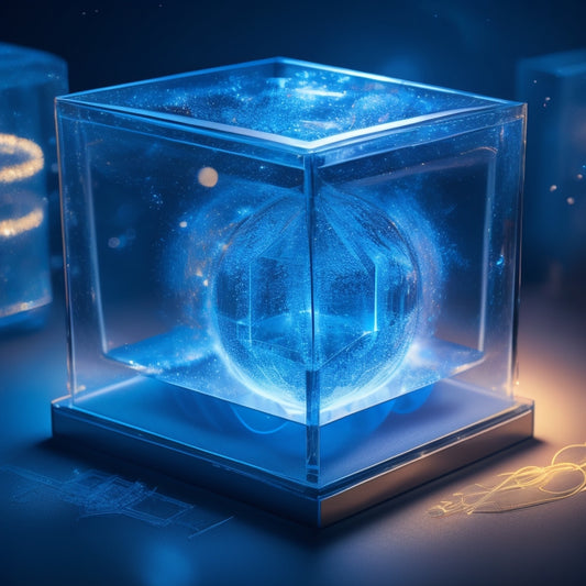 A stylized illustration of a translucent glass cube with fragmented blueprints and sketches swirling around it, amidst a halo of light bulbs and creative sparks.