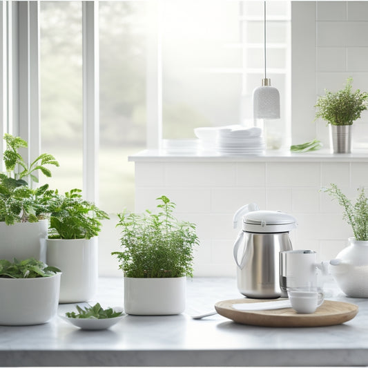 A serene kitchen countertop with a few strategically placed, sleek white canisters, a stainless steel utensil organizer, and a small, potted herb garden, surrounded by empty space and soft, warm light.