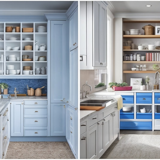 A split-screen image featuring a before-and-after transformation: cluttered kitchen and bathroom cabinets on the left, and the same spaces on the right with sleek, organized shelves, drawers, and custom storage solutions.