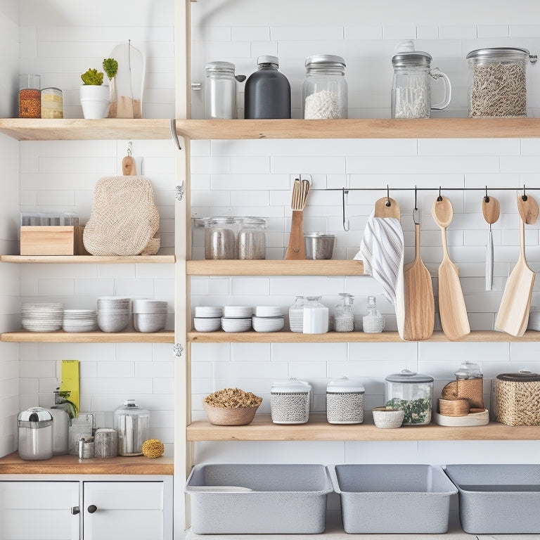 A bright, organized kitchen with open shelving, a pegboard with hanging utensils, a tiered spice rack, and a repurposed mason jar filled with wooden spoons, set against a calming white and gray background.