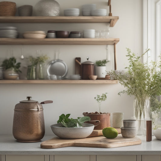 A serene, well-lit kitchen with a few, carefully selected cookbooks on a wooden shelf, a small vase with fresh greenery, and a few, intentionally placed kitchen utensils on a minimalist countertop.