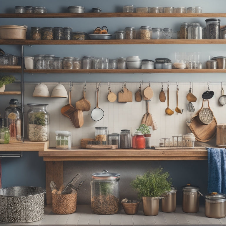 A tidy kitchen with a pegboard on the wall, holding utensils and spices, adjacent to a pull-out trash can and a shelf with labeled jars and a few cookbooks, under a row of hanging pots.