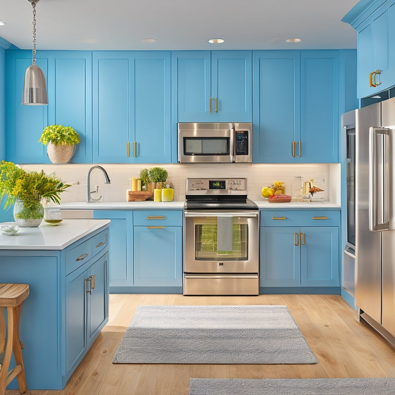 A bright, modern kitchen with a corner cabinet featuring a pull-out carousel, a tiered shelf, and a hanging utensil organizer, surrounded by sleek countertops and stainless steel appliances.