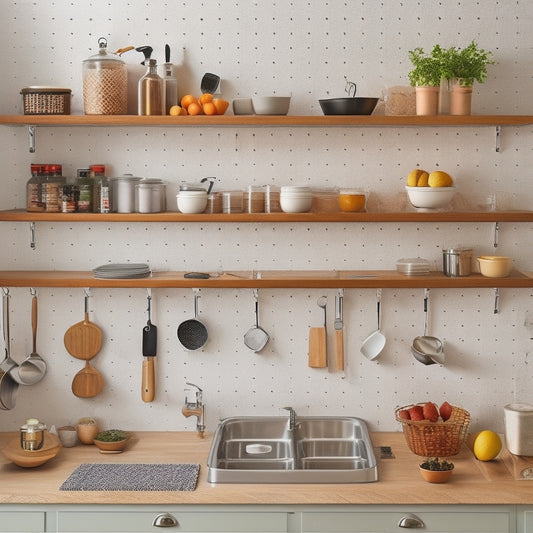 A clutter-free kitchen with a pegboard backing a sink, utensil hooks, and a pot lid organizer; a wall-mounted fold-down table, a spice rack, and a narrow shelf for cookbooks.