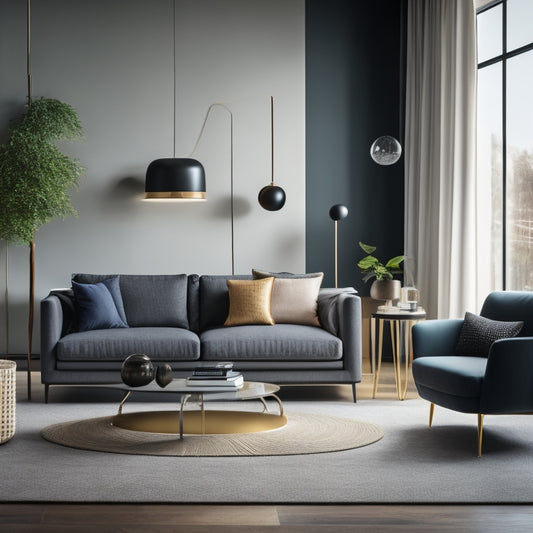 A minimalist, modern living room with a sleek couch, surrounded by modular, shape-shifting Symbiote Accessories in various forms, such as a side table, floor lamp, and bookshelf, in a calming color palette.