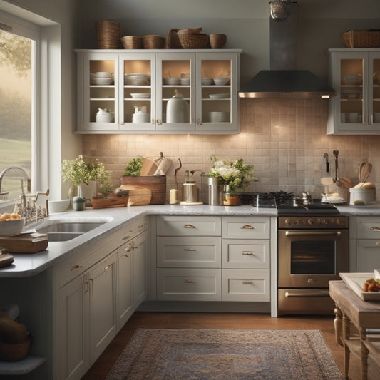 A serene kitchen with empty countertops, a few strategically placed appliances, and a few open drawers revealing organized utensils and cookware, surrounded by a subtle warm glow.