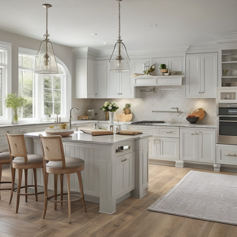 A serene, well-lit kitchen with varied layouts: L-shape, U-shape, galley, and island, each with different cabinetry, countertops, and appliances, set against a neutral background with subtle shadows.