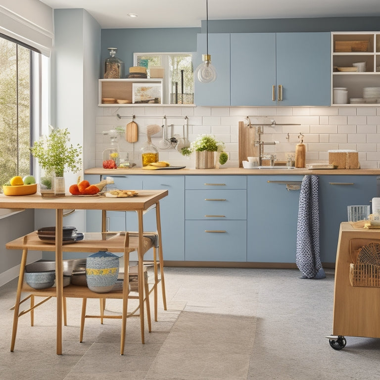 A bright, modern kitchen with a large, wheeled island cart in the center, featuring multiple drawers, shelves, and a built-in cutting board, surrounded by sleek appliances and minimal decor.