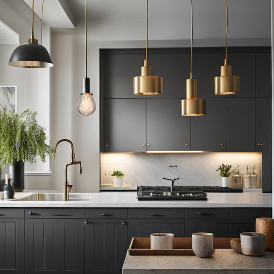 A modern kitchen featuring Kraus' sleek, matte-black faucet, paired with a crisp white quartz countertop, surrounded by warm, honey-hued wooden cabinets, and a statement light fixture with exposed bulbs.