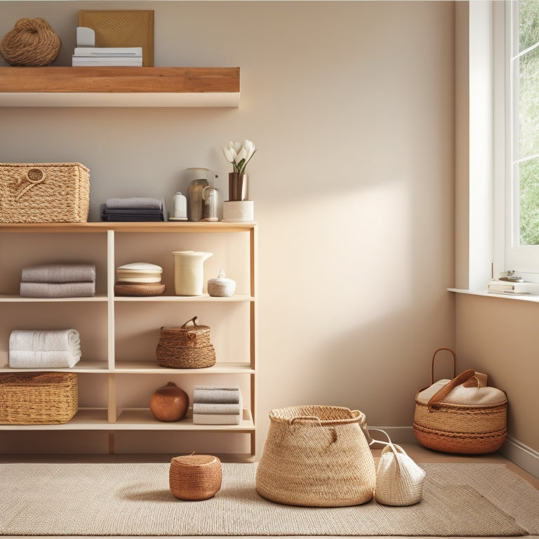 A serene, minimalist living room with a few, carefully selected items on a shelf, a tidy bookcase, and a few, neatly folded clothes in a woven basket, set against a soft, creamy background.