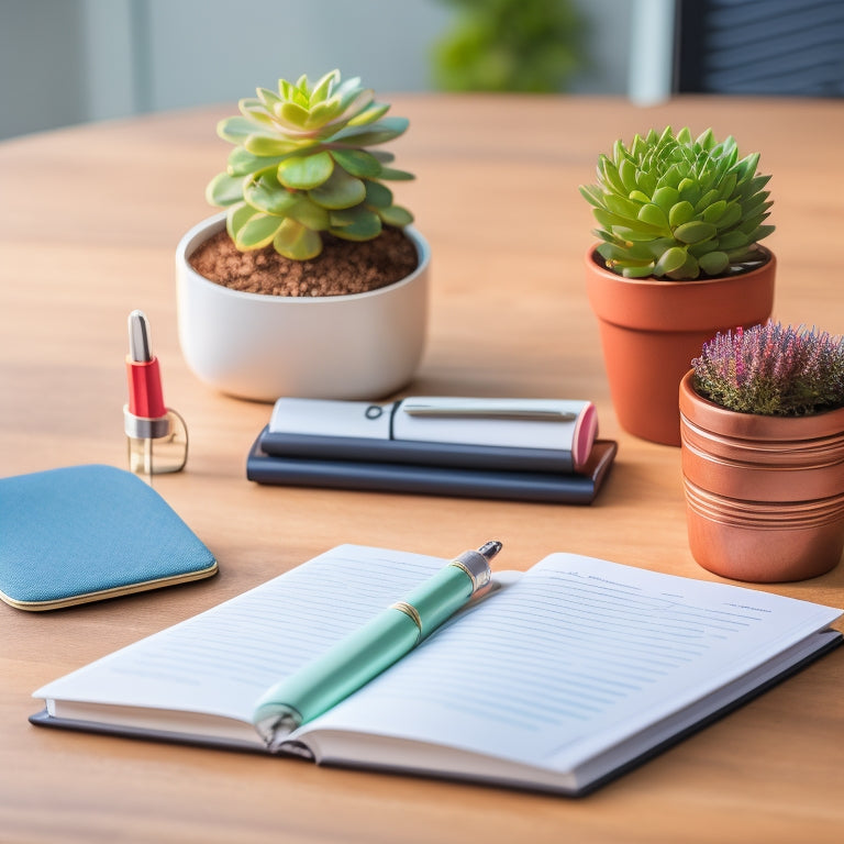 A tidy, minimalist desk with a wooden planner, a set of colorful pens, a small potted succulent, and a sleek, silver desktop organizer holding a few essential papers.