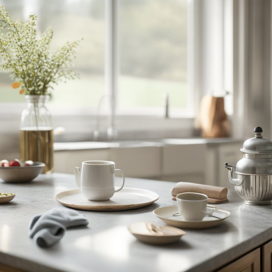 A serene kitchen scene: a tidy countertop, a few essential utensils, a single coffee mug, and a blurred background with a hint of natural light, evoking a sense of calm and simplicity.