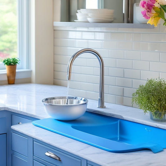 A bright, modern kitchen sink area with a sleek, stainless steel caddy holding a soap dispenser, scrubber, and sponge, surrounded by elegant, white marble countertops and a subtle, gray-blue backsplash.