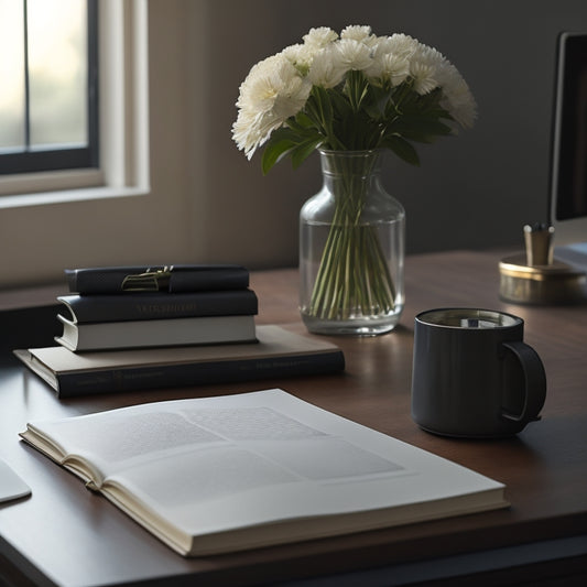 A tidy, minimalist desk with a single, leather-bound book centered, surrounded by neatly arranged office supplies, a small vase with fresh flowers, and a subtle, soft-focused background.