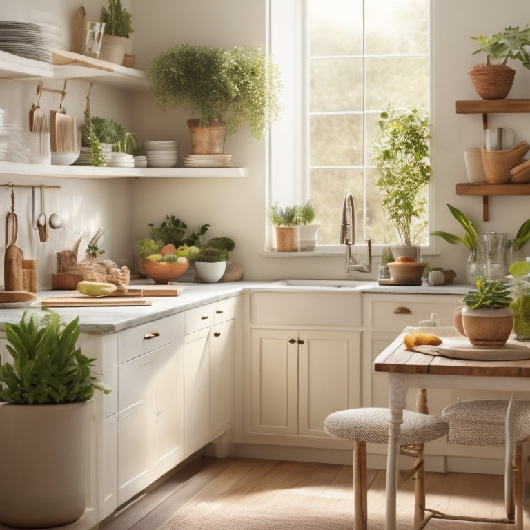A serene, sunlit kitchen with cream-colored walls, sleek white cabinets, and a sparse, wooden island, featuring a single, potted succulent and a few, carefully placed cookbooks.