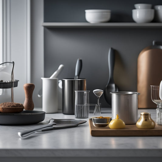 A tidy kitchen counter with a few sleek, modern utensil holders in various shapes and sizes, each containing a carefully arranged selection of kitchen tools, set against a clean, minimalist backdrop.