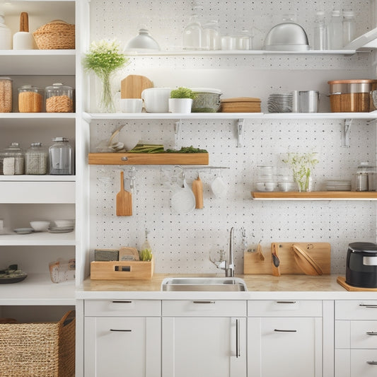 A bright, modern kitchen with sleek white cabinets, featuring a pegboard with hanging utensils, a utensil organizer near the sink, and a pull-out pantry with labeled baskets.