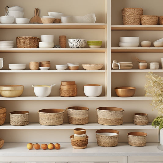 A tidy kitchen with open shelving, displaying neatly stacked white plates and bowls of varying sizes, alongside woven baskets and sleek metal utensil holders, against a warm beige background.