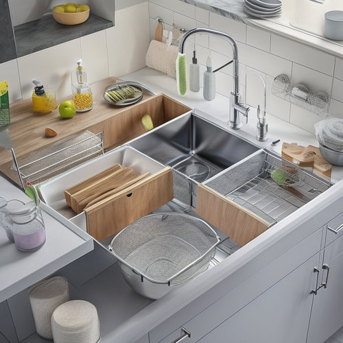 A modern kitchen sink area with a sleek, slide-out Lynk Professional storage system in a polished chrome finish, surrounded by tidy rows of cleaning supplies and kitchen utensils.