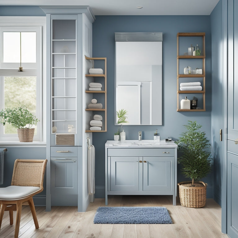 A modern bathroom with a wall-mounted vanity featuring a sliding drawer, a recessed medicine cabinet with mirrored doors, and a ladder-like shelving unit beside a freestanding tub.