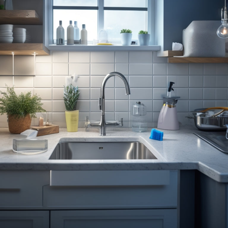 A tidy, modern kitchen sink area with a sleek, slide-out drawer underneath, containing neatly arranged cleaning supplies, a soap dispenser, and a small trash can, surrounded by gleaming fixtures.