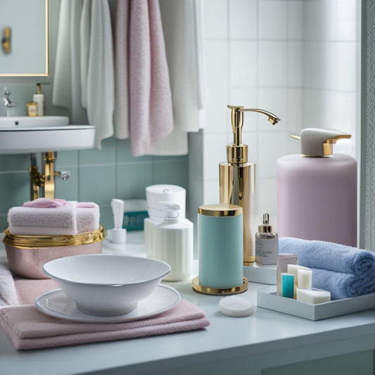 A luxurious bathroom scene with a sink, toilet, and shower, featuring a scattered assortment of bathroom accessories like towels, soap dispensers, and toothbrush holders in pastel colors.