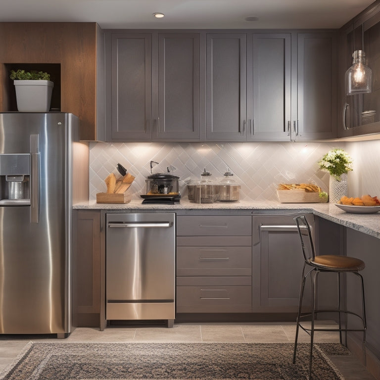 A kitchen corner with a carousel cabinet, a pull-out trash can, and a wall-mounted spice rack, surrounded by sleek countertops and modern appliances, with a warm, inviting lighting.