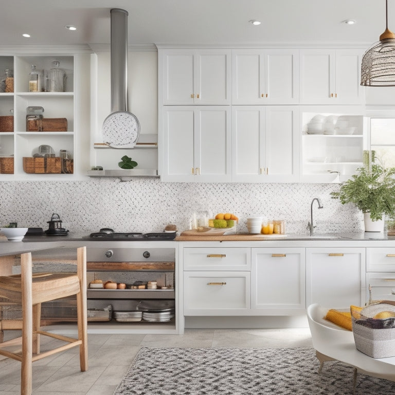 A bright, modern kitchen with sleek white cabinets, a large island, and a built-in breakfast nook, featuring a pegboard with hanging utensils, a spice rack, and a set of matching canisters.