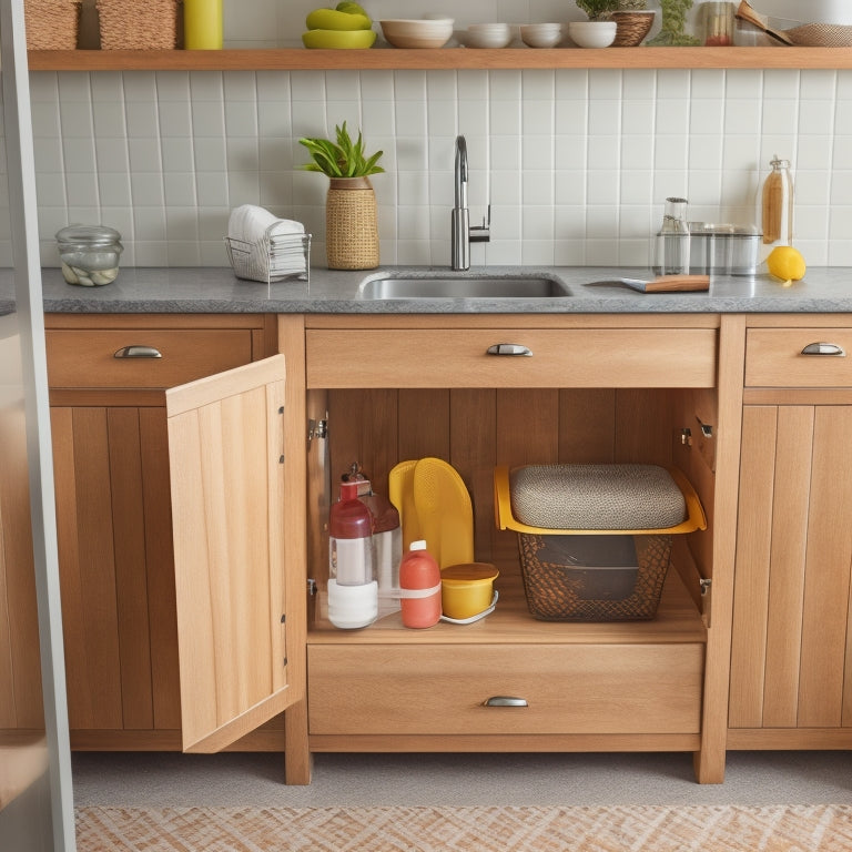 A tidy kitchen cabinet with a sink, featuring a pull-out trash can, a slide-out drawer with utensil organizers, and a shelf with baskets and a soap dispenser, all in a warm, natural wood tone.